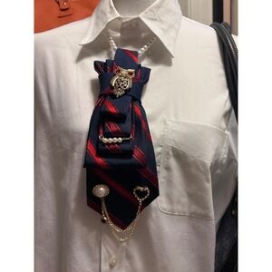Nautica Repurposed Striped Bow Tie Necklace Owl Pearl Charms Navy Red Preppy